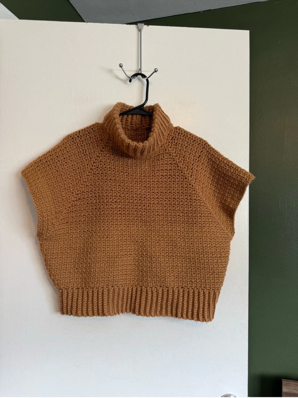 Handmade by me tan crocheted mock neck sleeveless waist length sweater